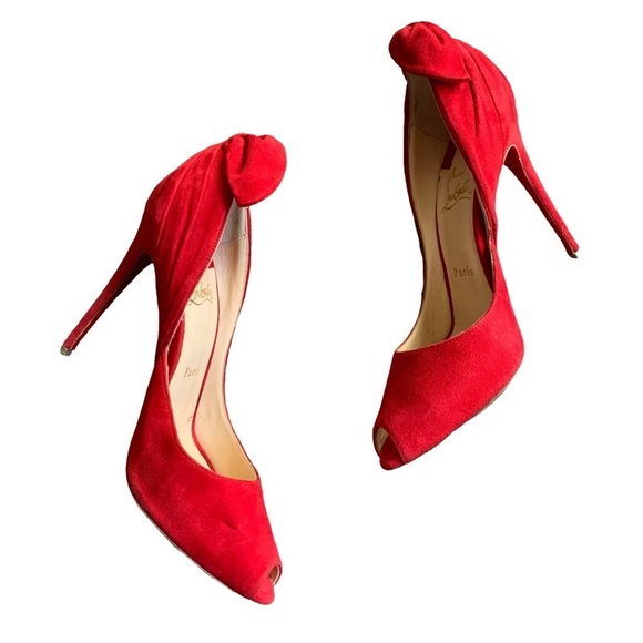 Christian Louboutin Barbara 100 Oeillet Red Suede Peep Toe Bow Heel Pumps - Picture 2 of 13